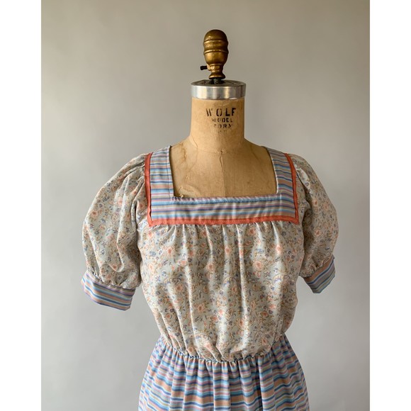 Vintage 1970s Blue Pink Floral Patchwork Tiered Ruffled Maxi Dress Small Medium - Picture 7 of 10